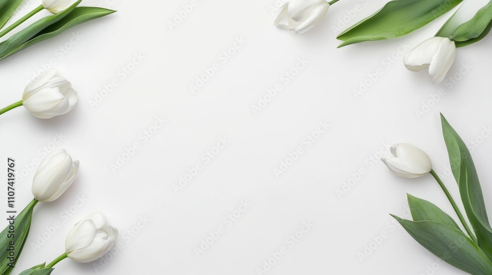 Elegant white background with tulips and a gift box, with space for text. Perfect fot Valentine's Day, Women's Day, Mother's Day Elegant white background with tulips and a gift box, with space for text. Perfect fot Valentine's Day, Women's Day, Mother's Day