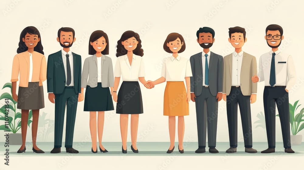 Obraz premium 2D cartoon of people of different nationalities shaking hands after a successful deal, with an office scene in the background.