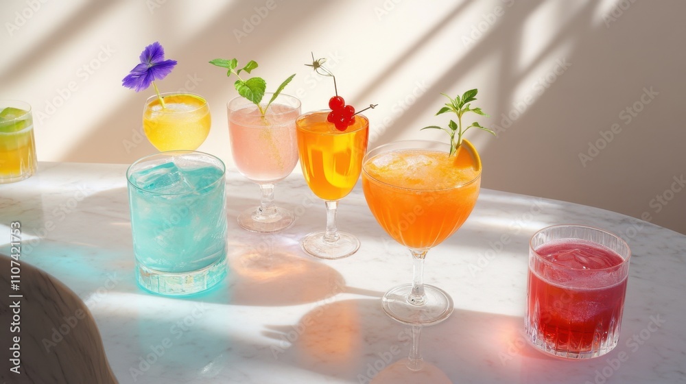 A bright display of colorful drinks in clear glasses, set on a light marble surface, their garnishes and hues creating a refreshing and elegant vibe A bright display of colorful drinks in clear glasses, set on a light marble surface, their garnishes and hues creating a refreshing and elegant vibe