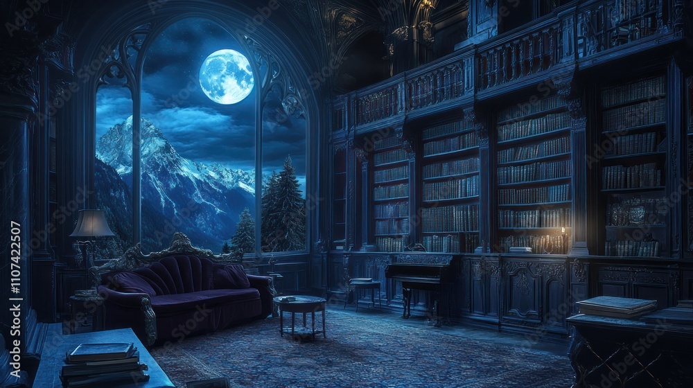 Obraz premium Moonlit library with antique furniture and mountain view. (1)