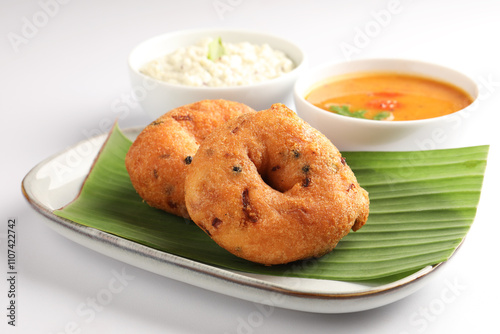 Medu wada or vada, a fried snack or Southindian breakfast made from fermented Urad dal batter