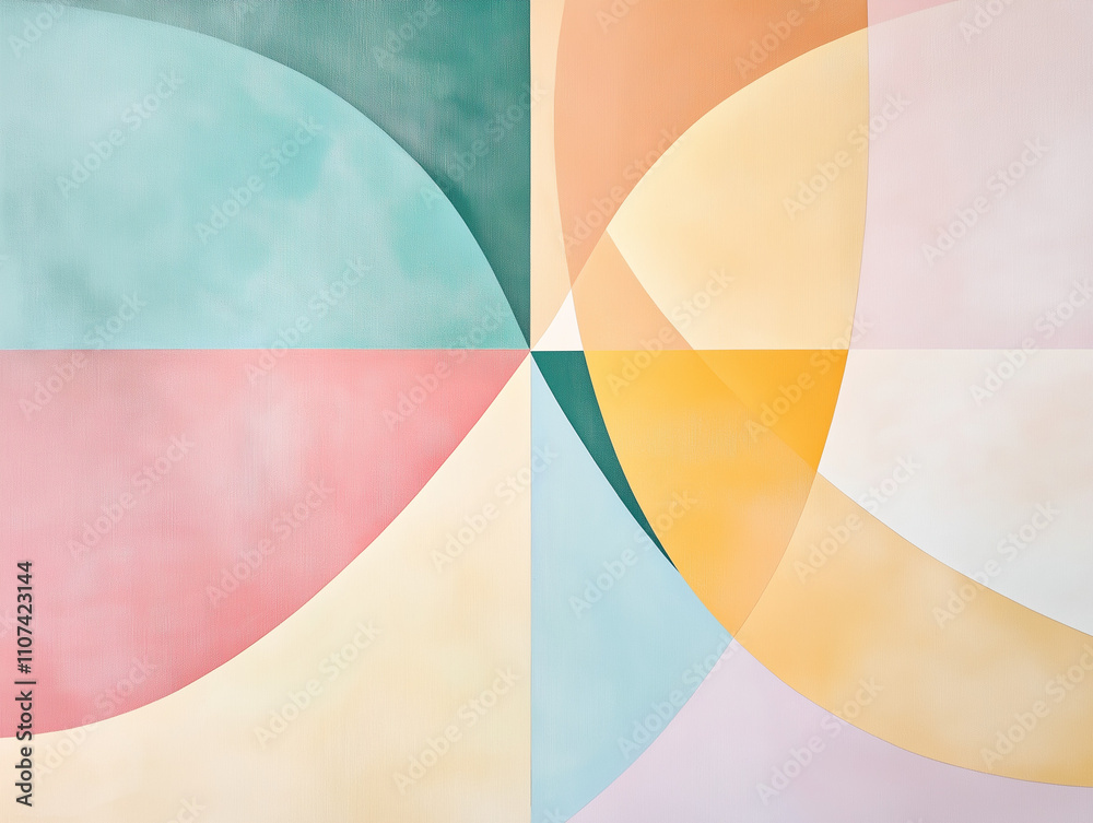 Obraz premium Abstrakcyjne kształty geometryczne w pastelowych kolorach, łagodne gradienty, prosta kompozycja, nowoczesny minimalistyczny styl