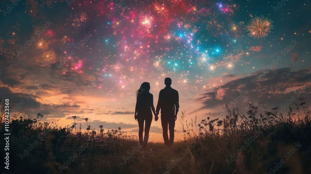 Fototapeta premium Young Couple Walking Hand in Hand Under a Starry Sky