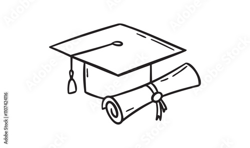 Hand drawn doodle Graduation hat icon with diploma. Education hat line for college student drawing
