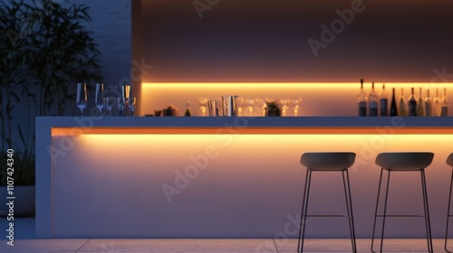 A minimalist outdoor bar with LED strip lights under the digital pic