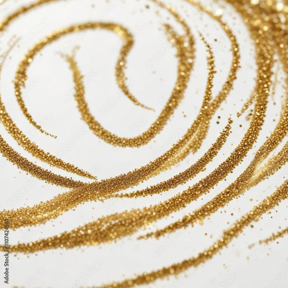 Close-up of sparkling gold glitter swirl on a white background, festive, glowing, backdrop Close-up of sparkling gold glitter swirl on a white background, festive, glowing, backdrop