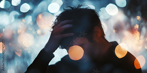 Thoughtful Man in Dramatic Bokeh Lighting photo