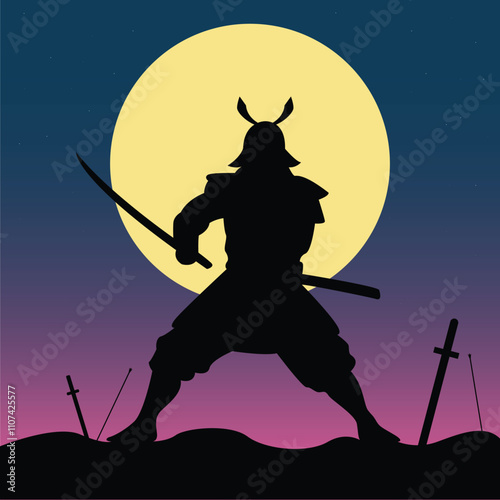 Japanese Samurai Standing with sword in night time with big moon behind. Illustration Vector Wallpaper