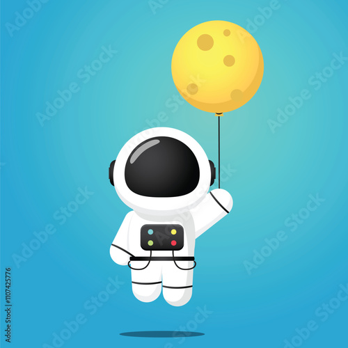2D Space Man Cartoon with moon ballon in lovely funny style.