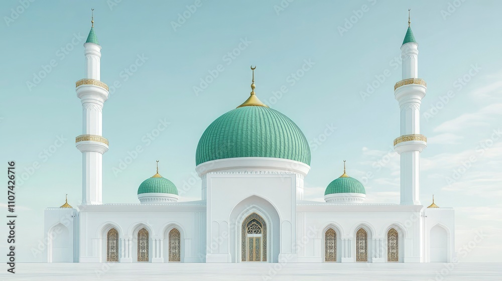 Obraz premium The green dome of the lowered iwan and two minarets, white walls with gold decoration, in the style of photorealism