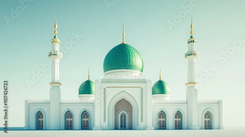 The green dome of the lowered iwan and two minarets, white walls with gold decoration, in the style of photorealism