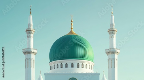 The green dome of the lowered iwan and two minarets, white walls with gold decoration, in the style of photorealism