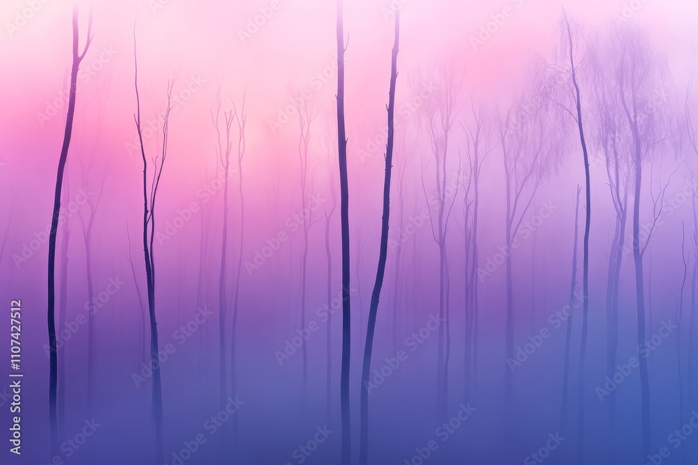 Obraz premium Ethereal Misty Forest Landscape at Dawn with Silhouetted Trees Against a Soft Colorful Sky Blending Pink and Purple Hues in a Serene Atmosphere