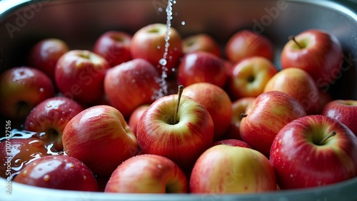 Dynamic shot of red apples being washed in a sink with water pouring over them, creating an effect of movement and freshness.  photo