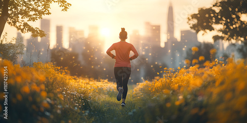 Woman Running on Flowered Path Towards Sunrise photo