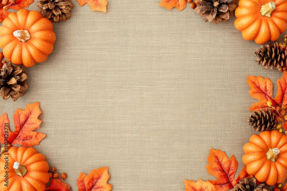 Fototapeta premium Festive Autumn Background Featuring Vibrant Pumpkins, Colorful Fall Leaves, and Rustic Pine Cones on a Warm Textured Fabric Surface for Seasonal Celebrations