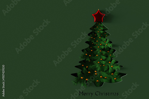 Paper Cut Out Merry Christmas Tree Illustration with colorful ornaments on Green Background. 3d render