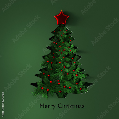 Paper Cut Out Merry Christmas Tree Illustration with colorful ornaments on Green Background. 3d render