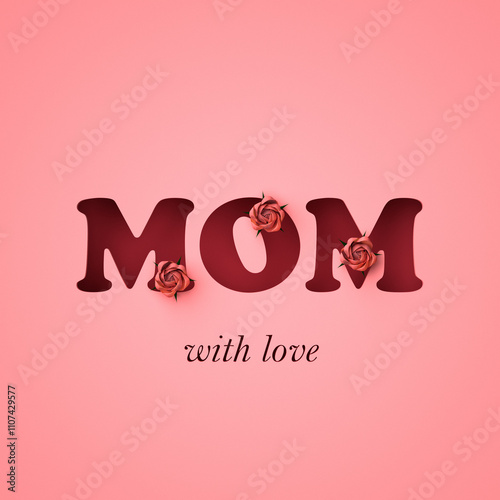 Paper Cut Out Happy Mother's Day Illustration with roses. 3d render
