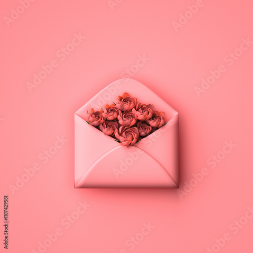Mother's Day Illustration with roses into envelope. 3d render