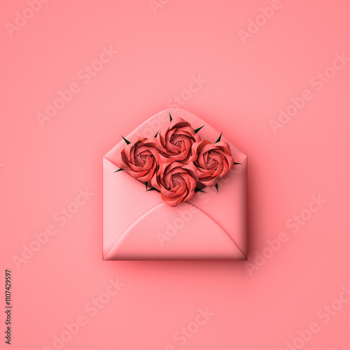 Mother's Day Illustration with roses into envelope. 3d render