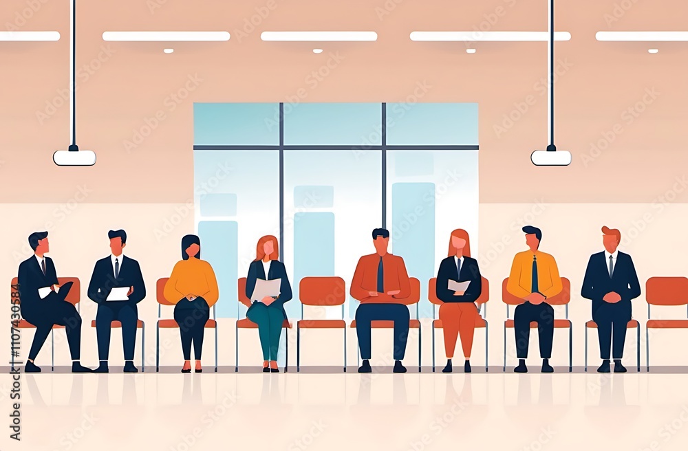 Fototapeta premium Flat illustration Group of people waiting in a room. This image is perfect for illustrating topics like waiting, queue, office, or meeting.