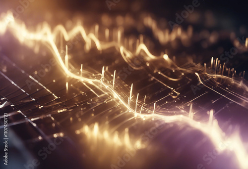 Orchestral brass waveforms glowing boldly rising and falling with epic cinematic visuals 4K photo