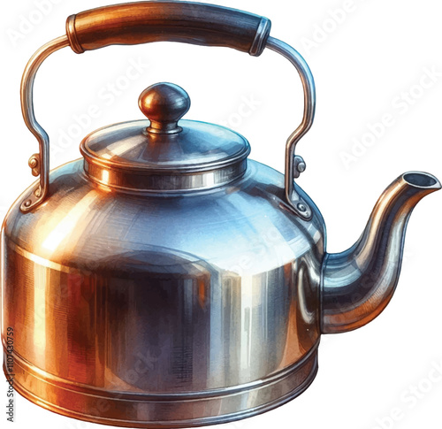 3D Stainless Steel Kettle Watercolor Clipart with a white background