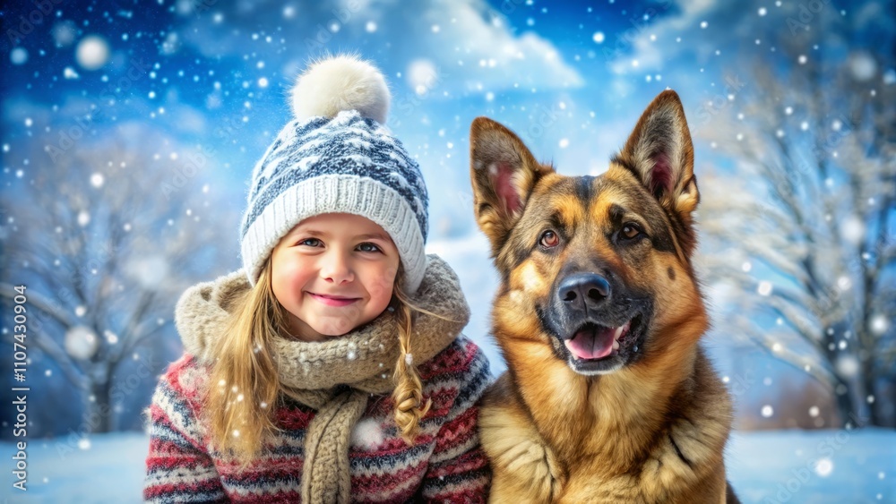 Fototapeta premium portrait of happy girl with dog, child wearing in winter clothing smiles with a cute german shepherd dog in a snowy outdoor park with snowflakes falling around