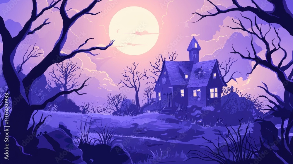 Fototapeta premium A Haunted House Silhouetted Against a Full Moon and Purple Sky