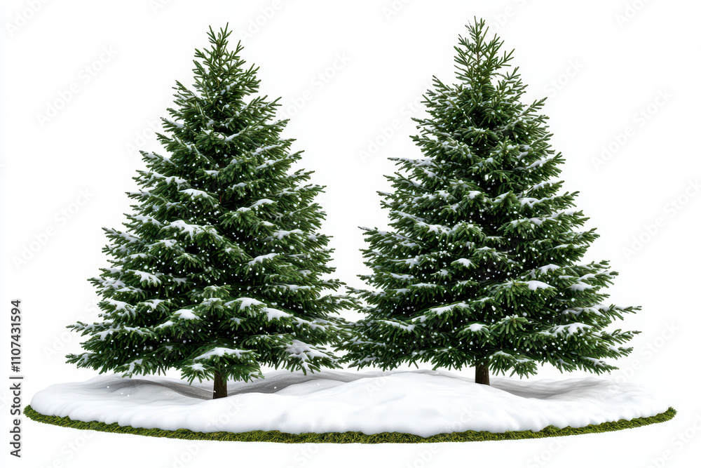 Fototapeta premium Two evergreen trees covered in snow on white isolated background create serene winter scene. lush green foliage contrasts beautifully with white snow, evoking peaceful atmosphere