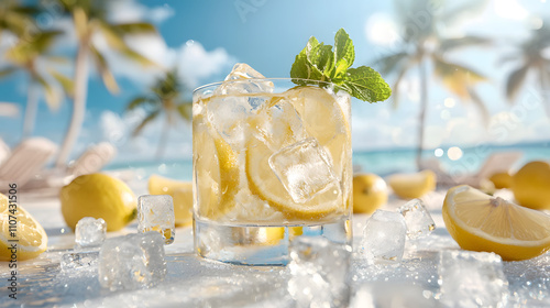 Refreshing iced lemonade with mint in tropical paradise summer drink photography sunny beach vibes nature's bliss