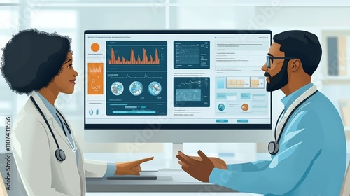 A cartoon showing a virtual healthcare app interface with doctors chatting and discussing medical results.