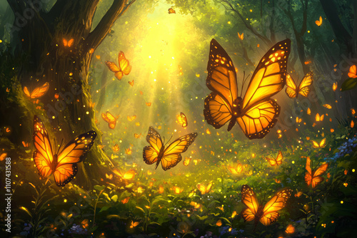 Beautiful forest landscape with sun rays through the trees and lots of flying butterflies
