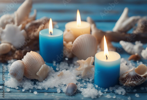 Three burning blue candles on a blue wooden table with seashells and sea salt 4K photo