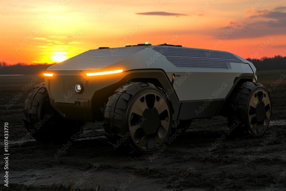 Obraz premium Futuristic Robotic Vehicle in Agricultural Field at Sunset with Solar Panel, Innovative Design, Modern Farming Concepts, and Advanced Technology