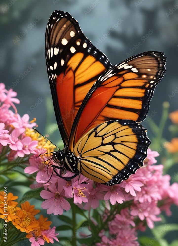 Obraz premium Close-up of vibrant monarch butterfly on blooming flowers, macro photography, garden, insect