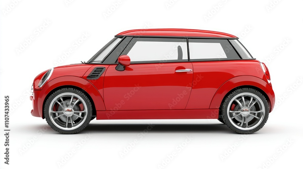 Naklejka premium A side view of a sleek red compact car, showcasing its sporty design and modern features.