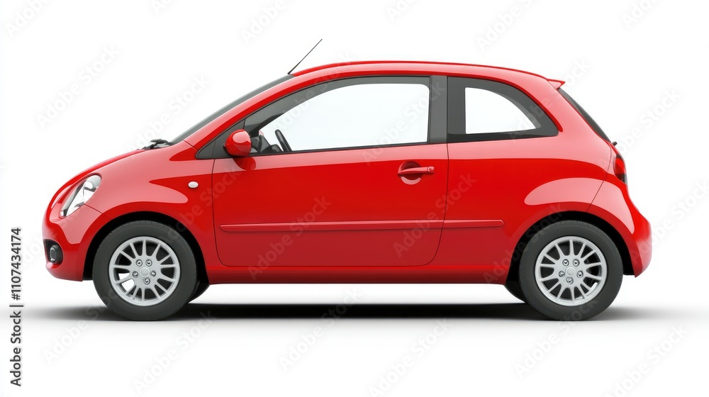 A side view of a small red car, showcasing its compact design and modern features. A side view of a small red car, showcasing its compact design and modern features.