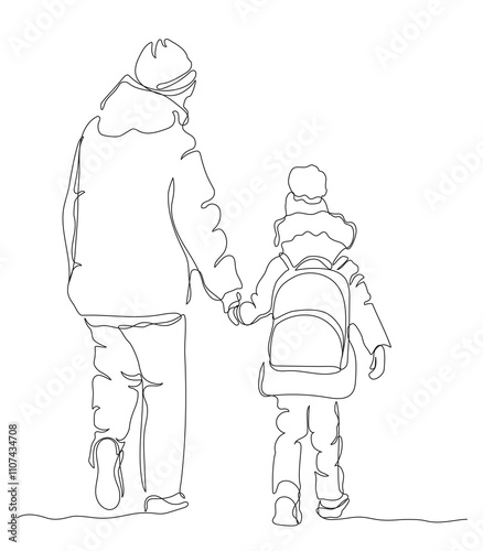 Mother with school child backpack walking away hand holding. Wear warm winter clothes. Back view. Continuous line drawing. Vector in line art style.