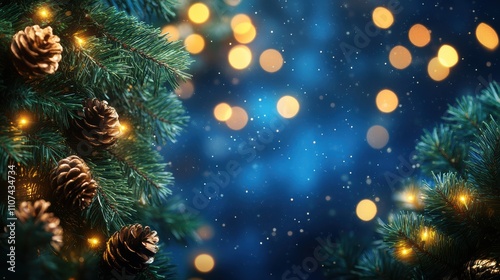 Pine garland with fairy lights on deep blue background