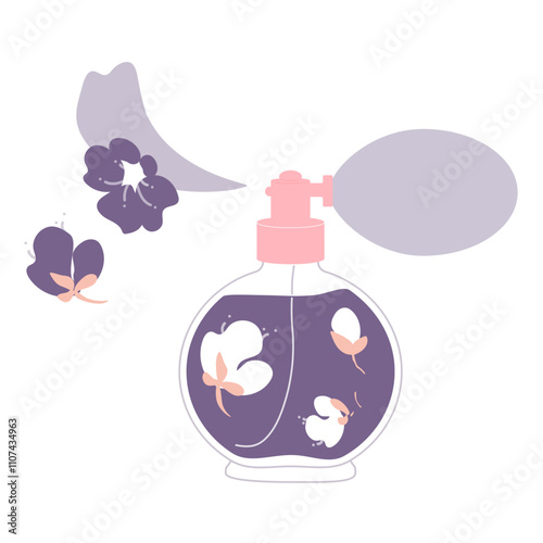 Purple perfume bottle with spray and flowers. Vector illustration isolated on white background.