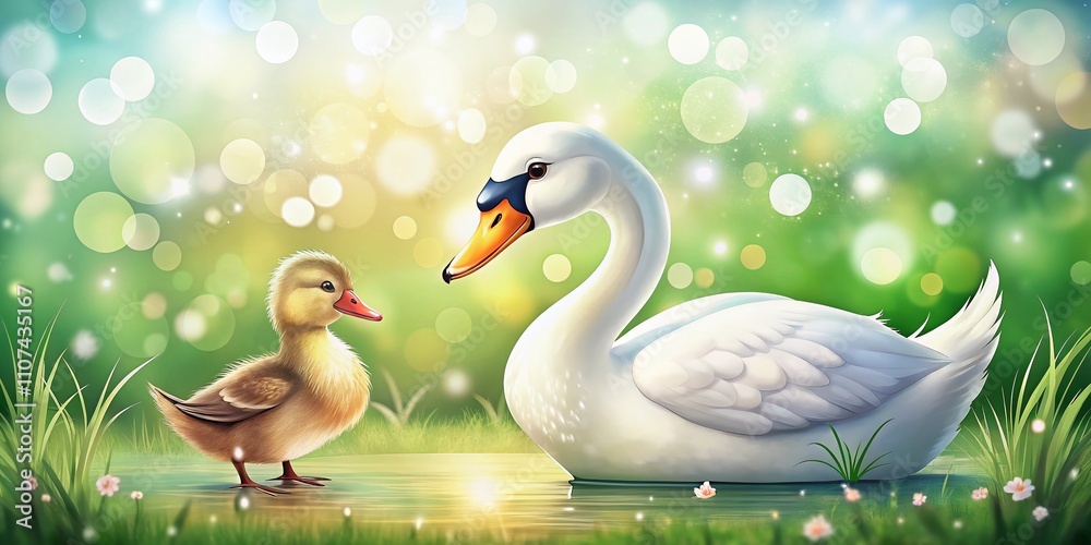 Obraz premium Charming cartoon of a swan and duck with a soft bokeh background, ideal for nature-themed illustrations, logos, and print designs showcasing wildlife and avian beauty.
