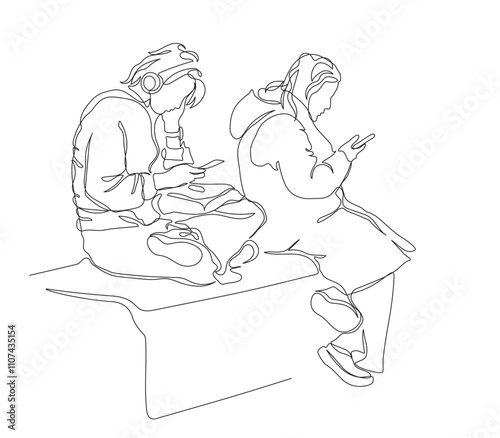 2 young women sitting on bench and using phones. Continuous line drawing. Black and white vector illustration in line art style.