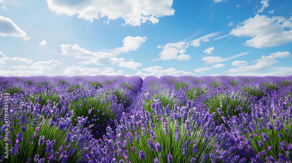 Obraz premium A serene field of lavender in full bloom under a bright blue sky