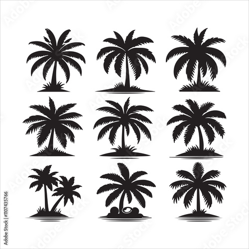 Coconut tree silhouette vector, Tropical coconut tree icon