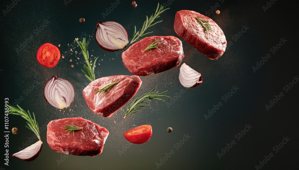 Fototapeta premium Flying raw steaks with ingredients, food preparation concept