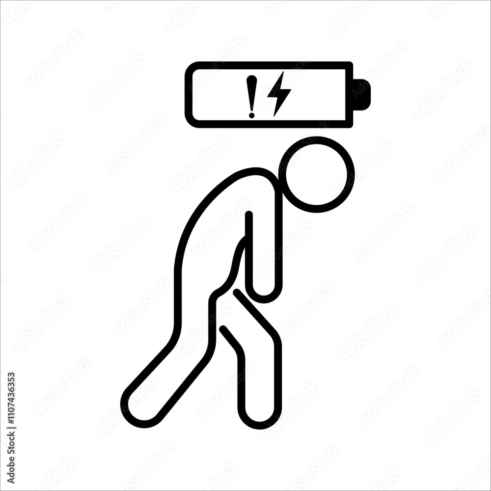 Obraz premium Life energy. Stickman, Businessman with low battery,Charging indicator pictogram or logo. Symbol of unhappy, Energetic, tired or exhausted