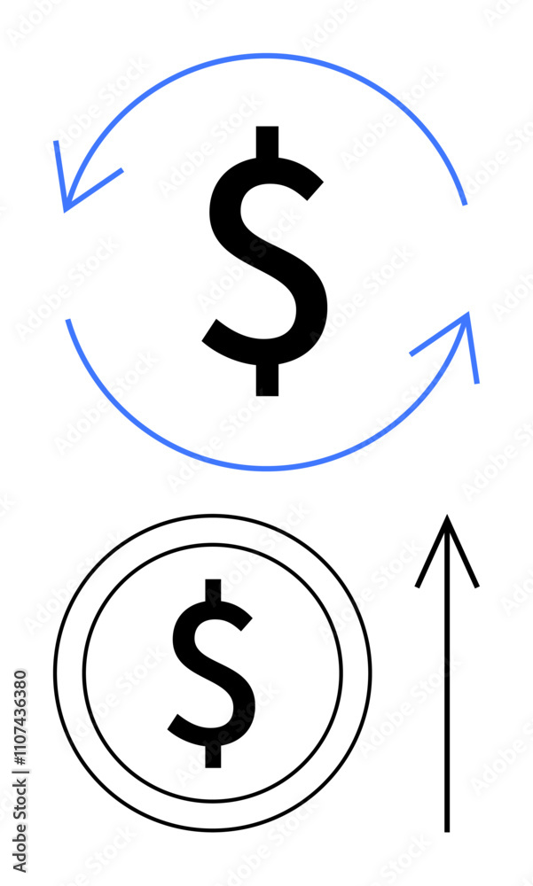 Dollar sign within blue circular arrows indicating recycling or recurring revenue. Rising coin symbol suggests financial growth, investment return. Ideal for finance, banking, economics, profits Dollar sign within blue circular arrows indicating recycling or recurring revenue. Rising coin symbol suggests financial growth, investment return. Ideal for finance, banking, economics, profits