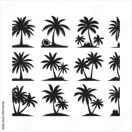 Coconut tree silhouette vector, Tropical coconut tree icon